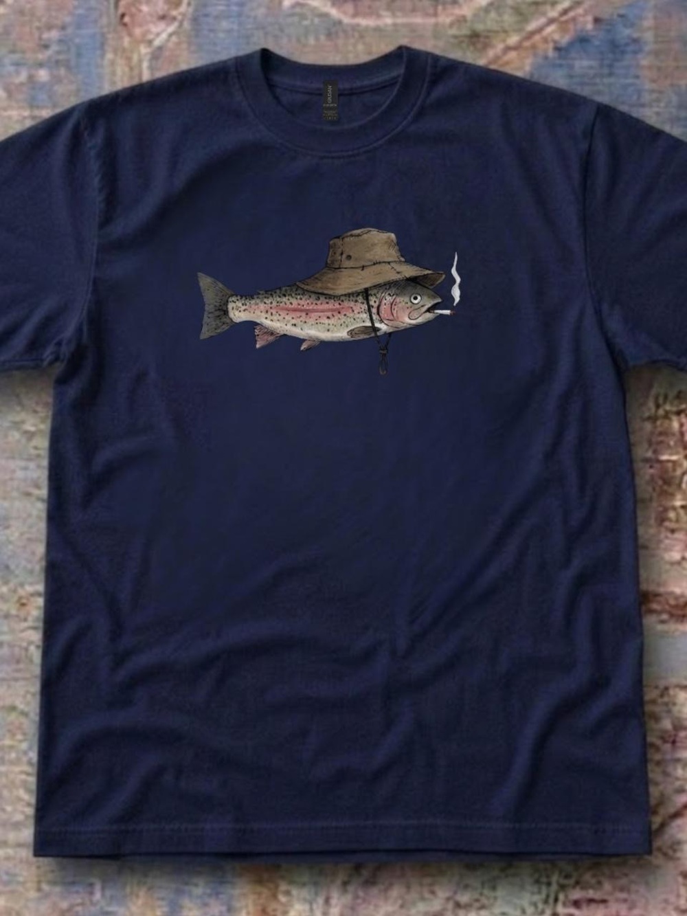 Gildan Navy Short-Sleeve Trout Tee with Fisher Hat Graphic